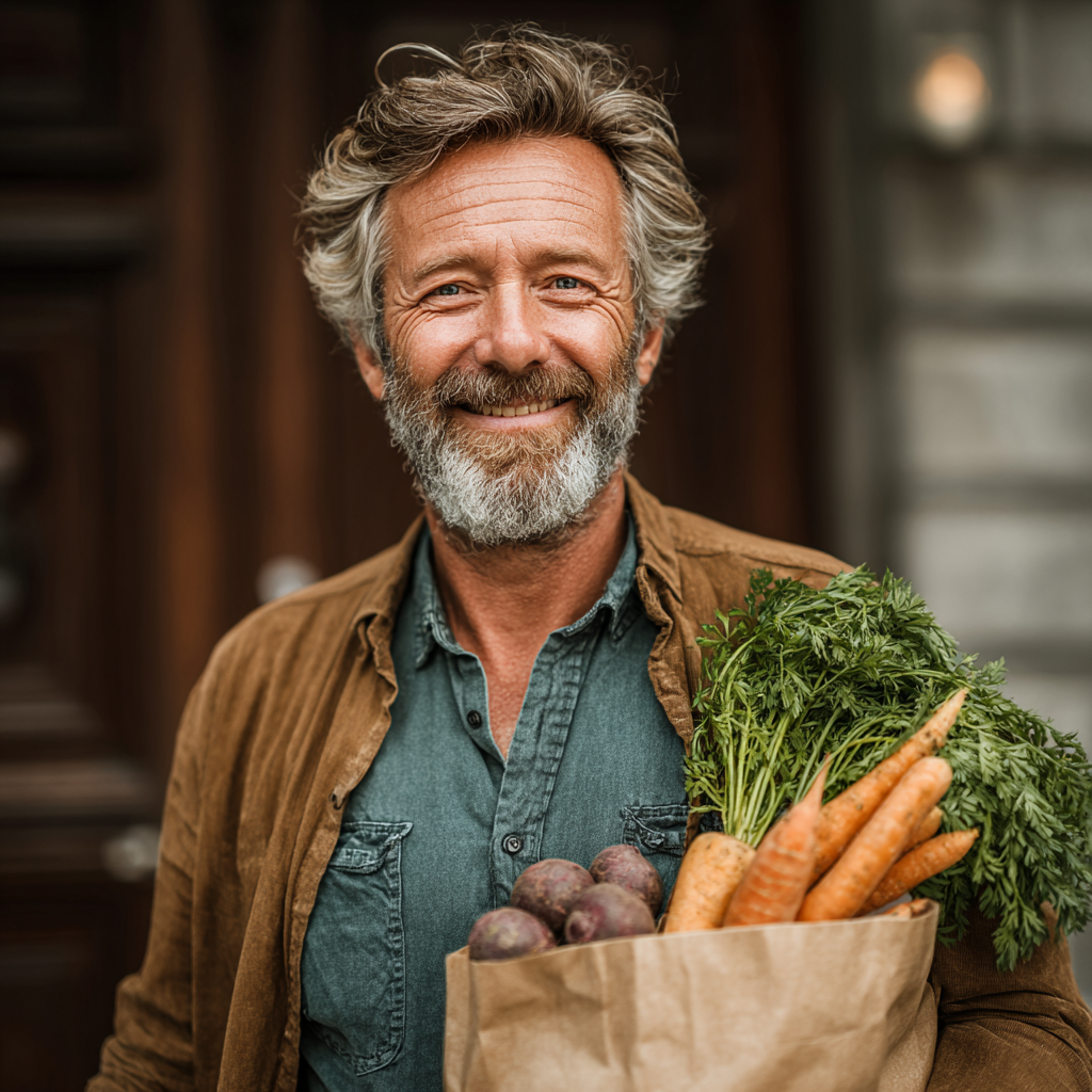 Active man in his early 50s holding fresh groceries and vegetables after shopping, smiling broadly in natural outdoor lighting