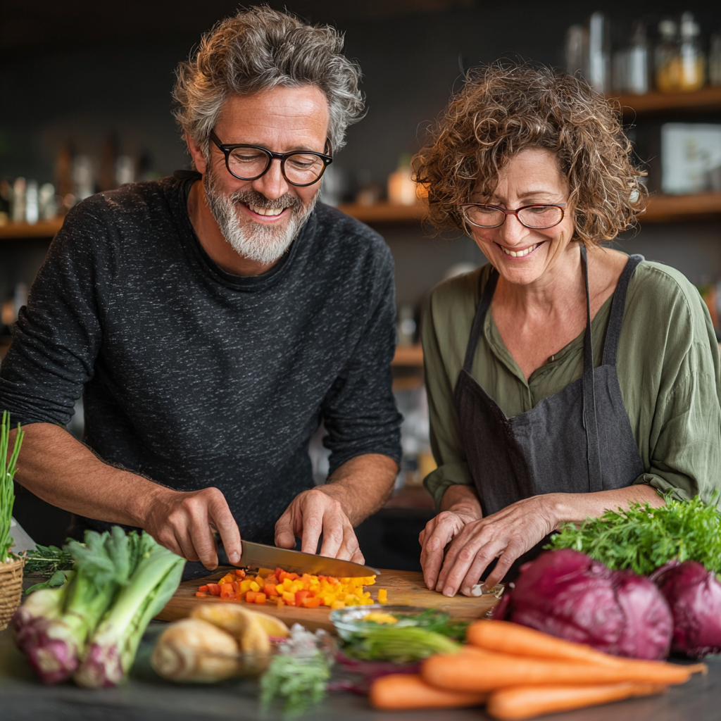 Middle-aged couple in their 50s preparing fresh vegetables together in a modern kitchen, smiling while chopping colorful ingredients for a healthy meal