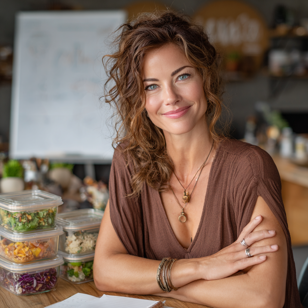 Professional woman in her 40s sitting at a desk with healthy meal prep containers, looking confident and energetic while working